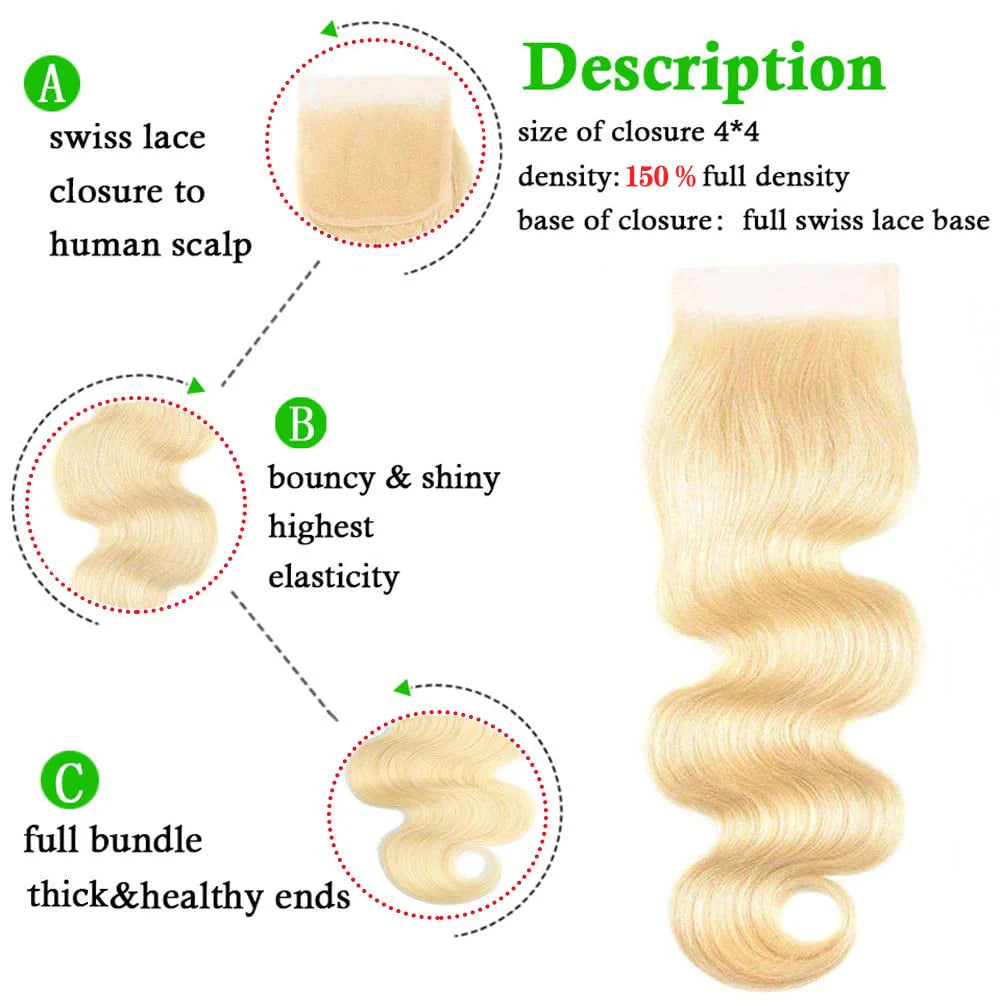 #613 Body wave Blonde HD Lace Closure 4"x4"