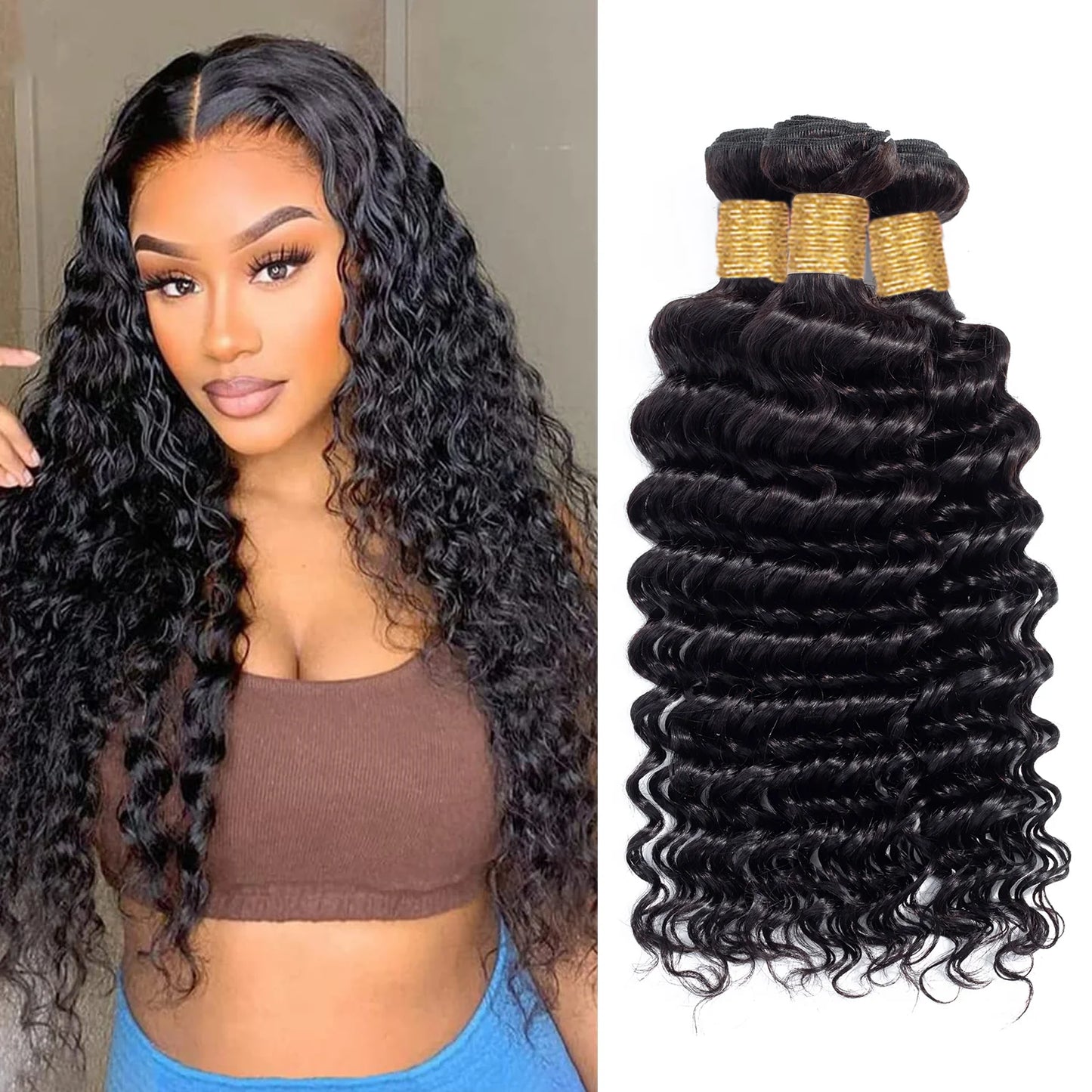 8A Deep Wave Brazilian Human Hair Bundle Natural Color