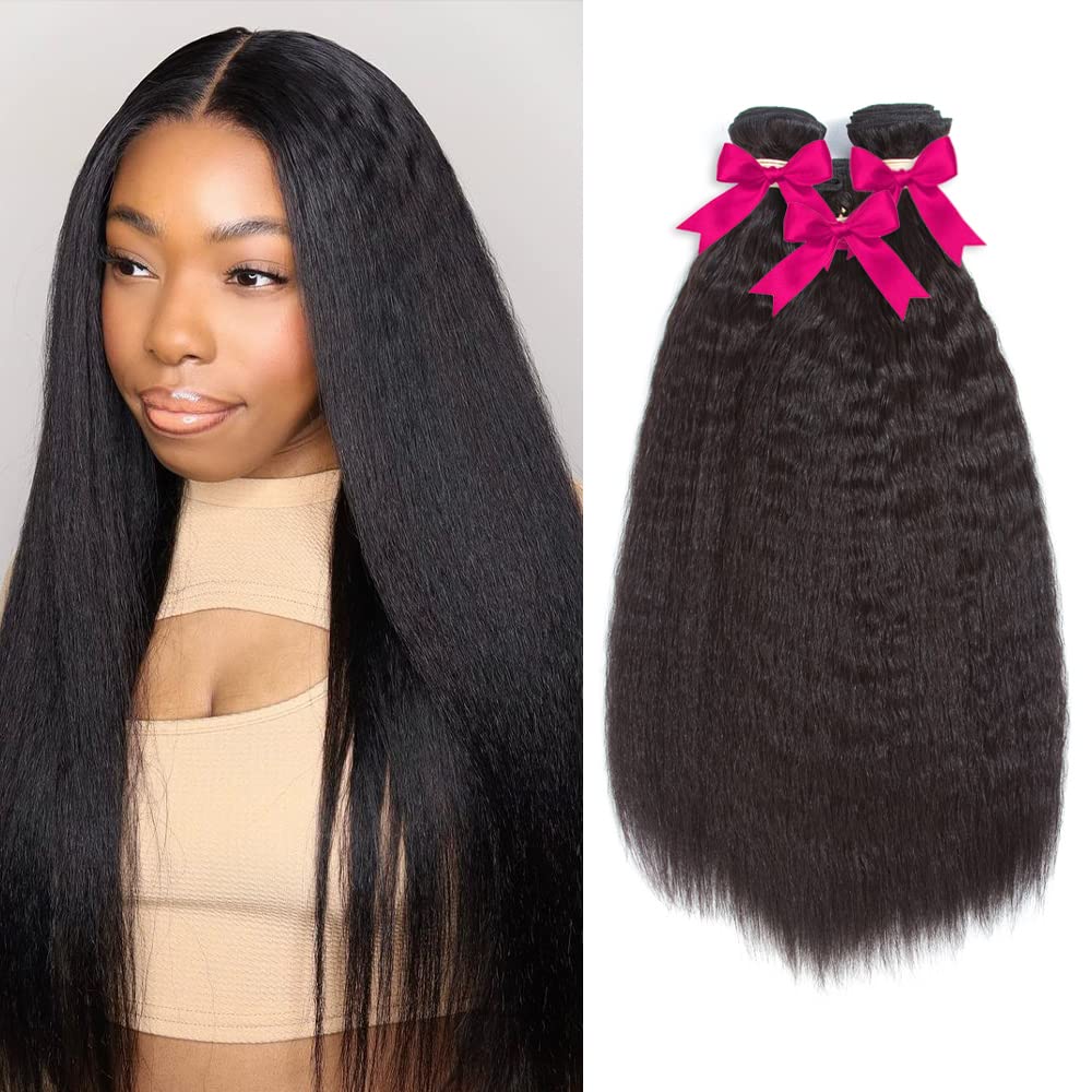 Kinky Straight(Yaki) 100% Brazilian Human Hair Bundle in Natural Black