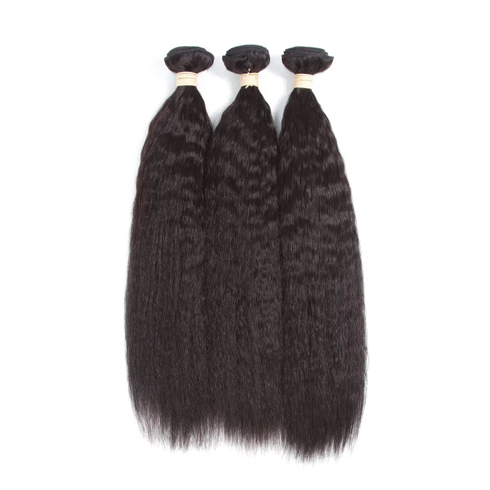 Kinky Straight(Yaki) 100% Brazilian Human Hair Bundle in Natural Black