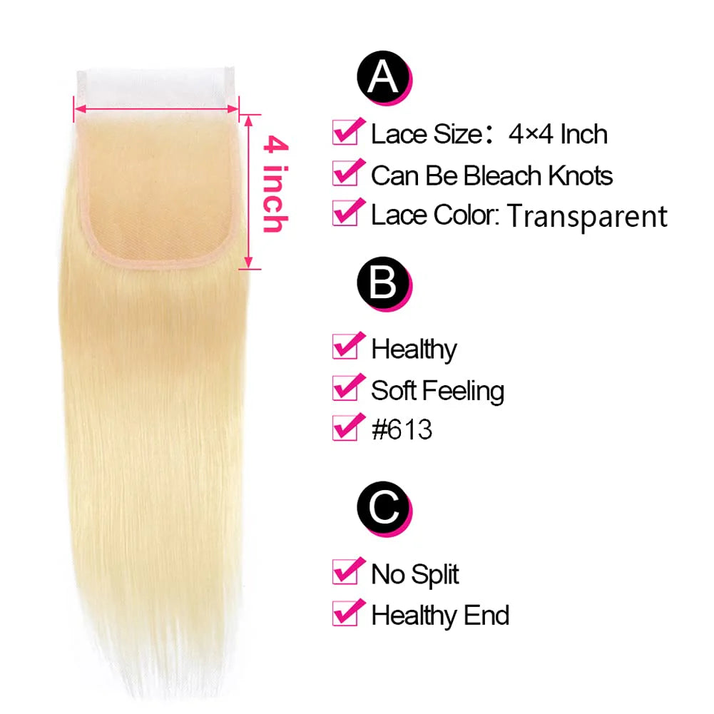 #613 Straight Blonde HD Lace Closure 4"x4"